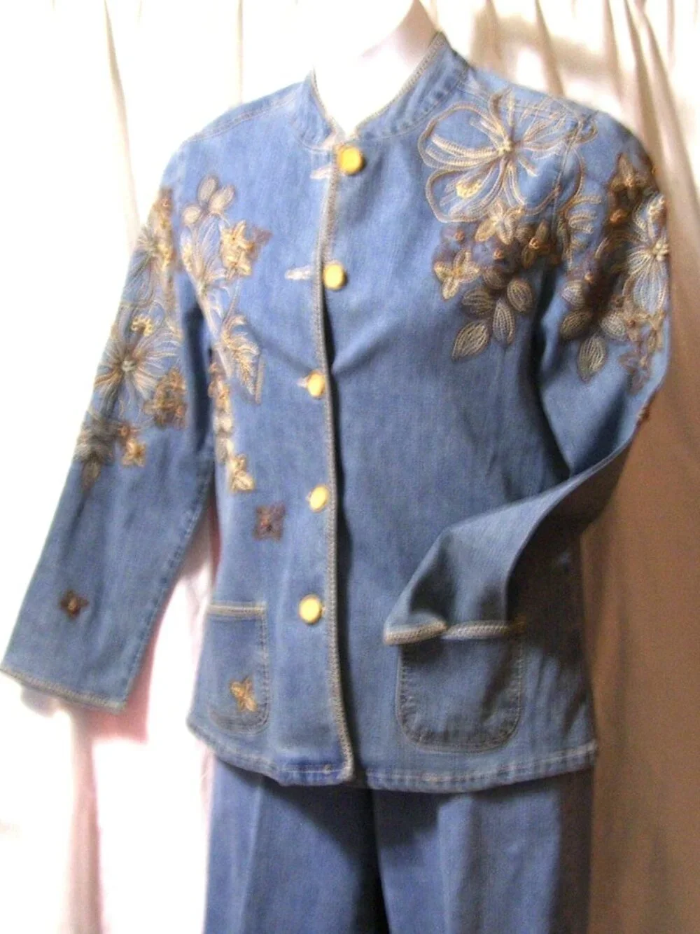 Ruby Rd Blue Denim Gold Embroidery 2 pcs Jacket Pant Suit Size 12